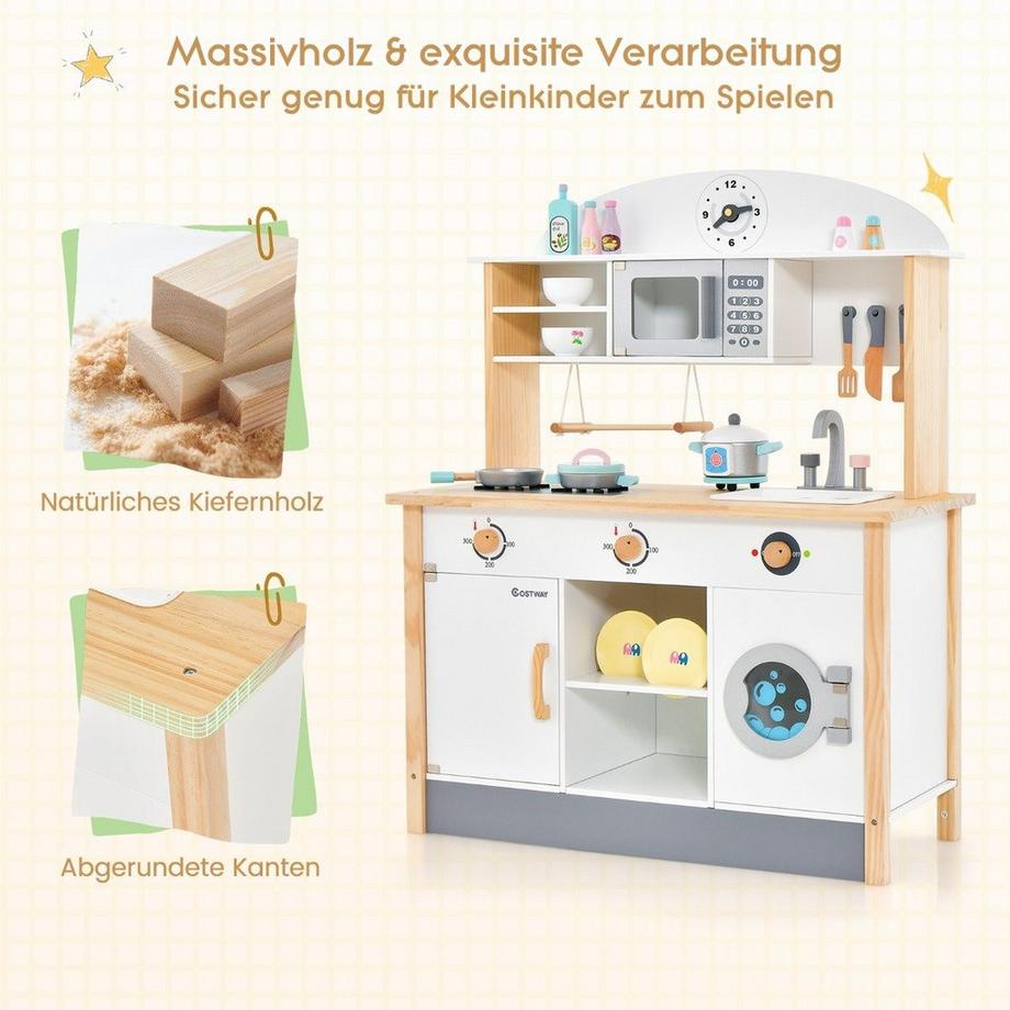 Northio  Kinderküche aus Holz inkl. 17 Zubehör mit Mikrowelle & Waschmaschine & Herde Weiß 