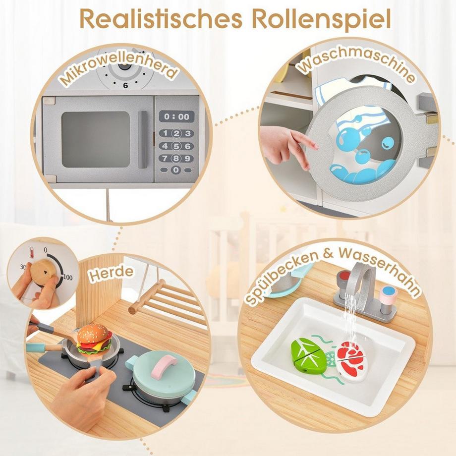 Northio  Kinderküche aus Holz inkl. 17 Zubehör mit Mikrowelle & Waschmaschine & Herde Weiß 