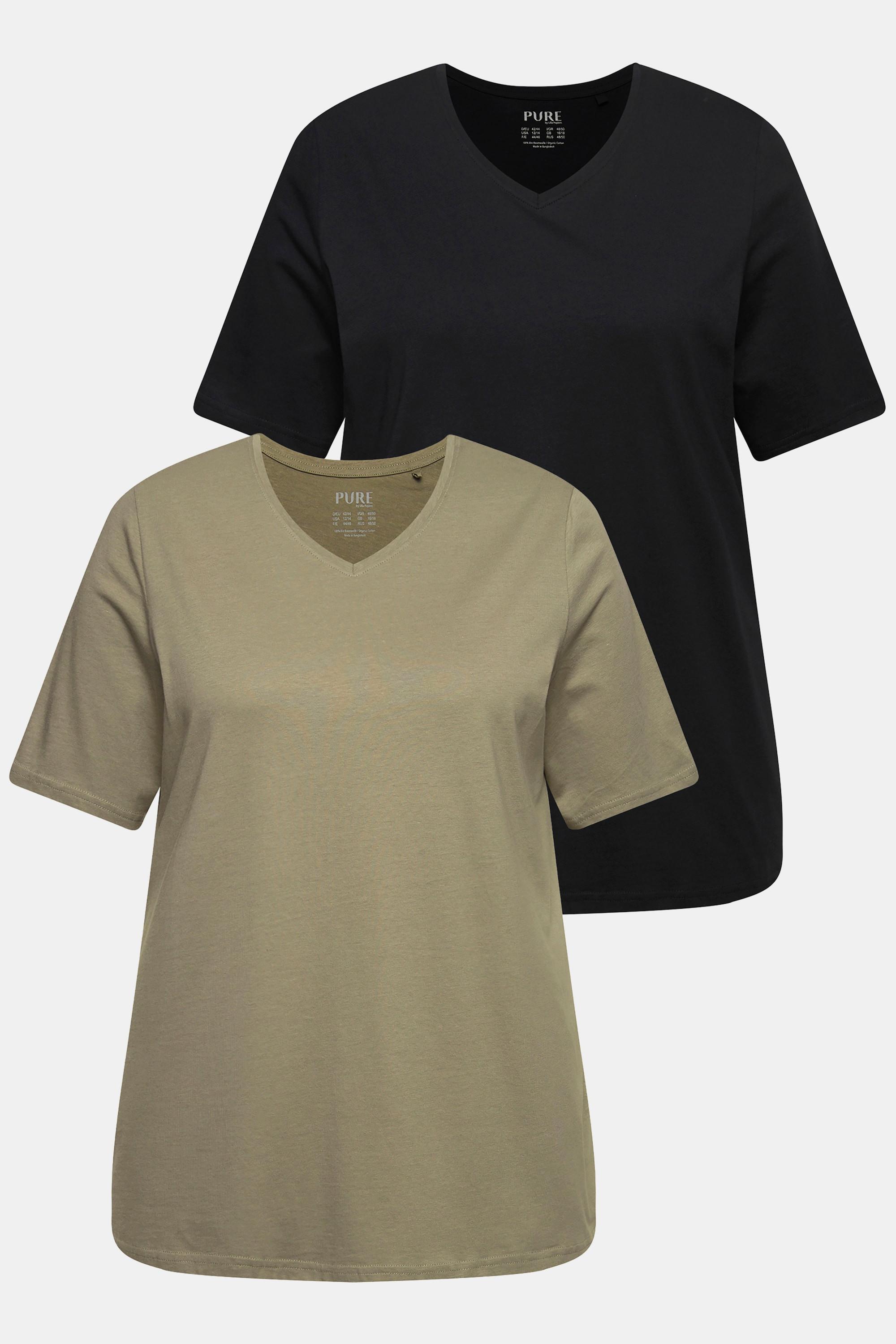 Ulla Popken  T-shirts en coton bio. Col en V et manches courtes. Lot de 2. 