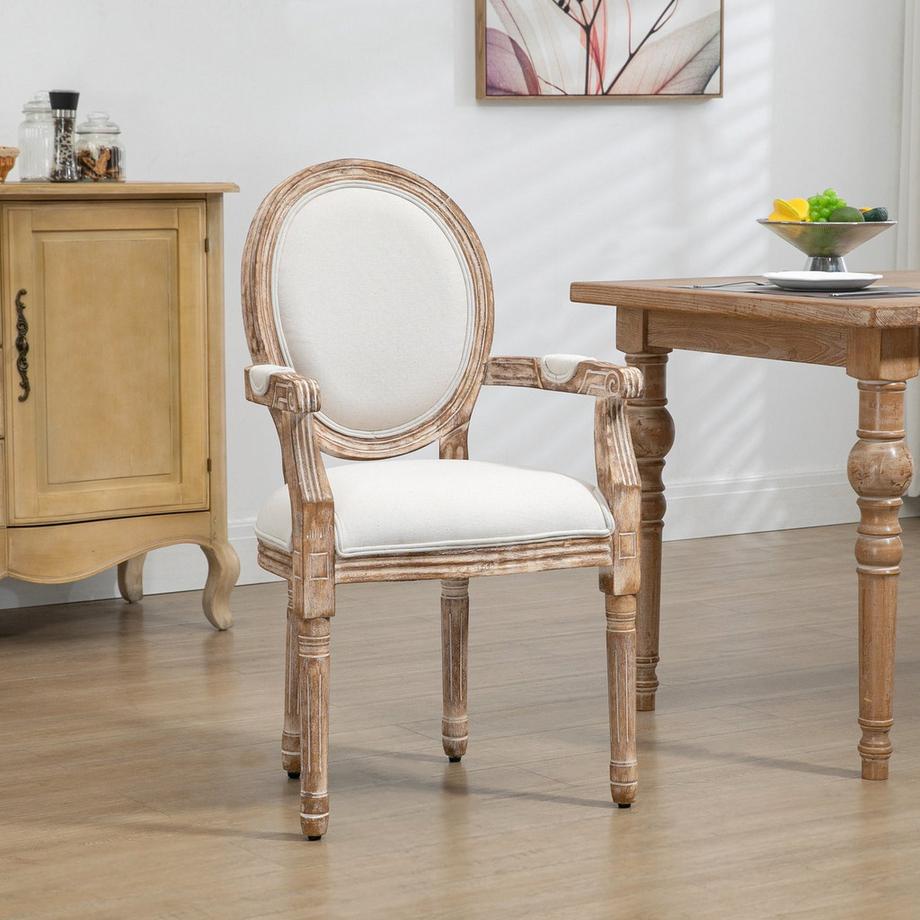 Northio Retro Esszimmerstuhl Polsterstuhl Armlehnen Gummiholz Cremeweiß Holzfarbe 56X55,5X96Cm  