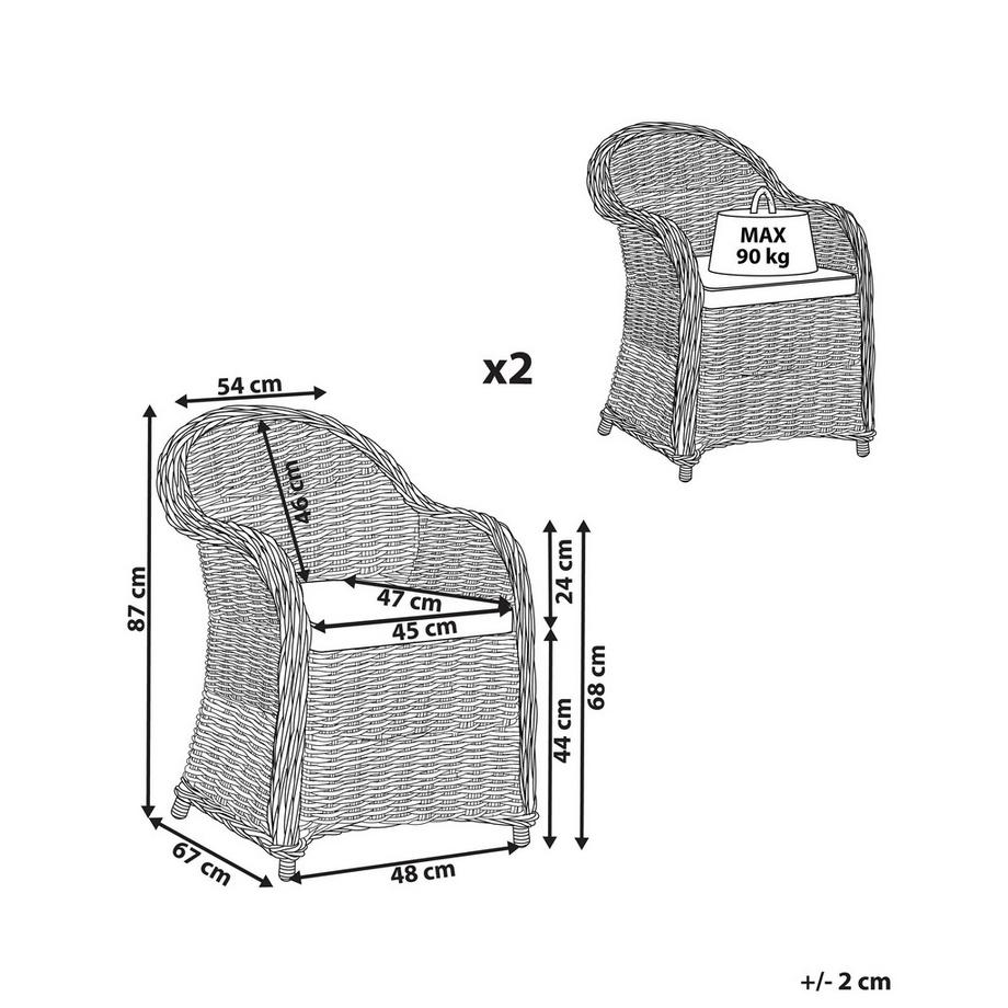 Beliani Lot de 2 fauteuils de jardin avec coussins en Rotin Traditionnel SUSUA  