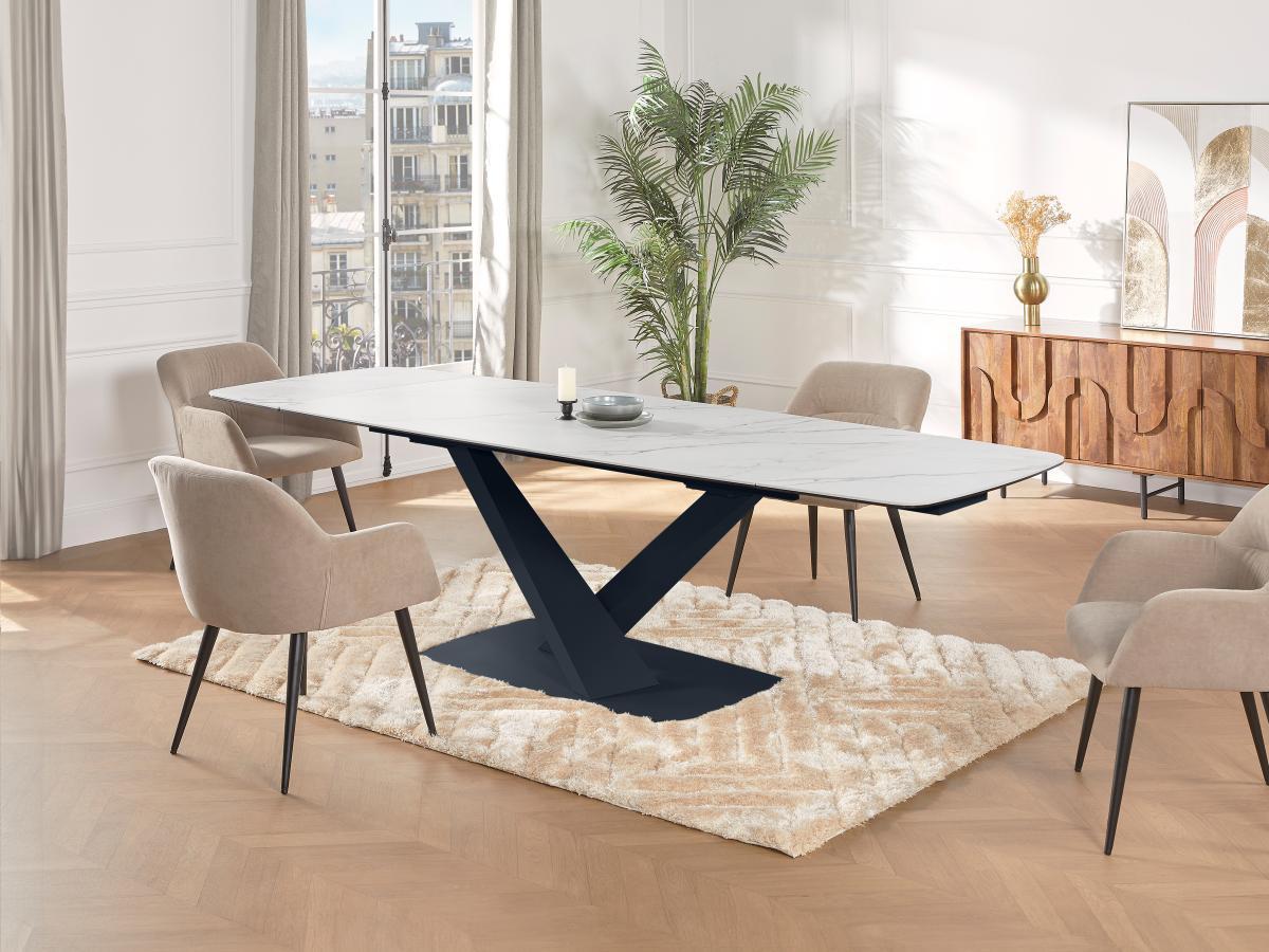 Maison Céphy Table à manger extensible 6 à 10 personnes en verre trempé, céramique et métal - Effet marbre blanc et noir - MALATA de Maison Céphy  