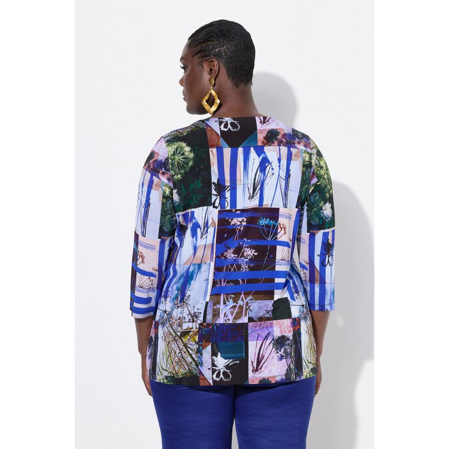 Ulla Popken Maglia Slinky Stampa Patchwork Taglio Svasato Scollo a Cuore Maniche 3/4  