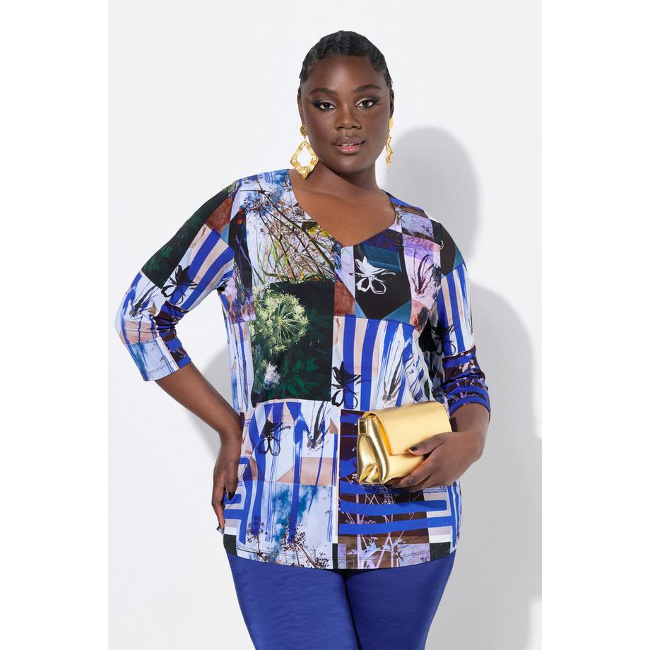 Ulla Popken Maglia Slinky Stampa Patchwork Taglio Svasato Scollo a Cuore Maniche 3/4  