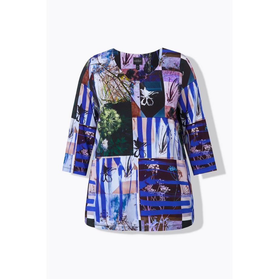 Ulla Popken Maglia Slinky Stampa Patchwork Taglio Svasato Scollo a Cuore Maniche 3/4  