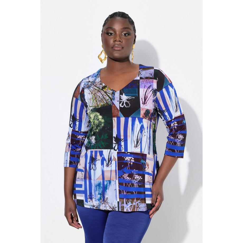 Ulla Popken Maglia Slinky Stampa Patchwork Taglio Svasato Scollo a Cuore Maniche 3/4  