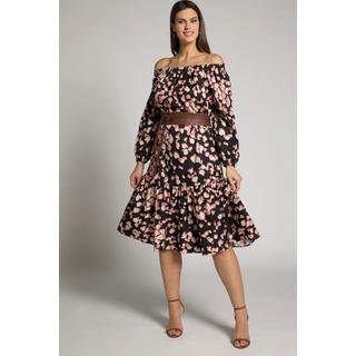 Ulla Popken  Robe midi, animal, ligne A, épaules nues, manches 3/4 