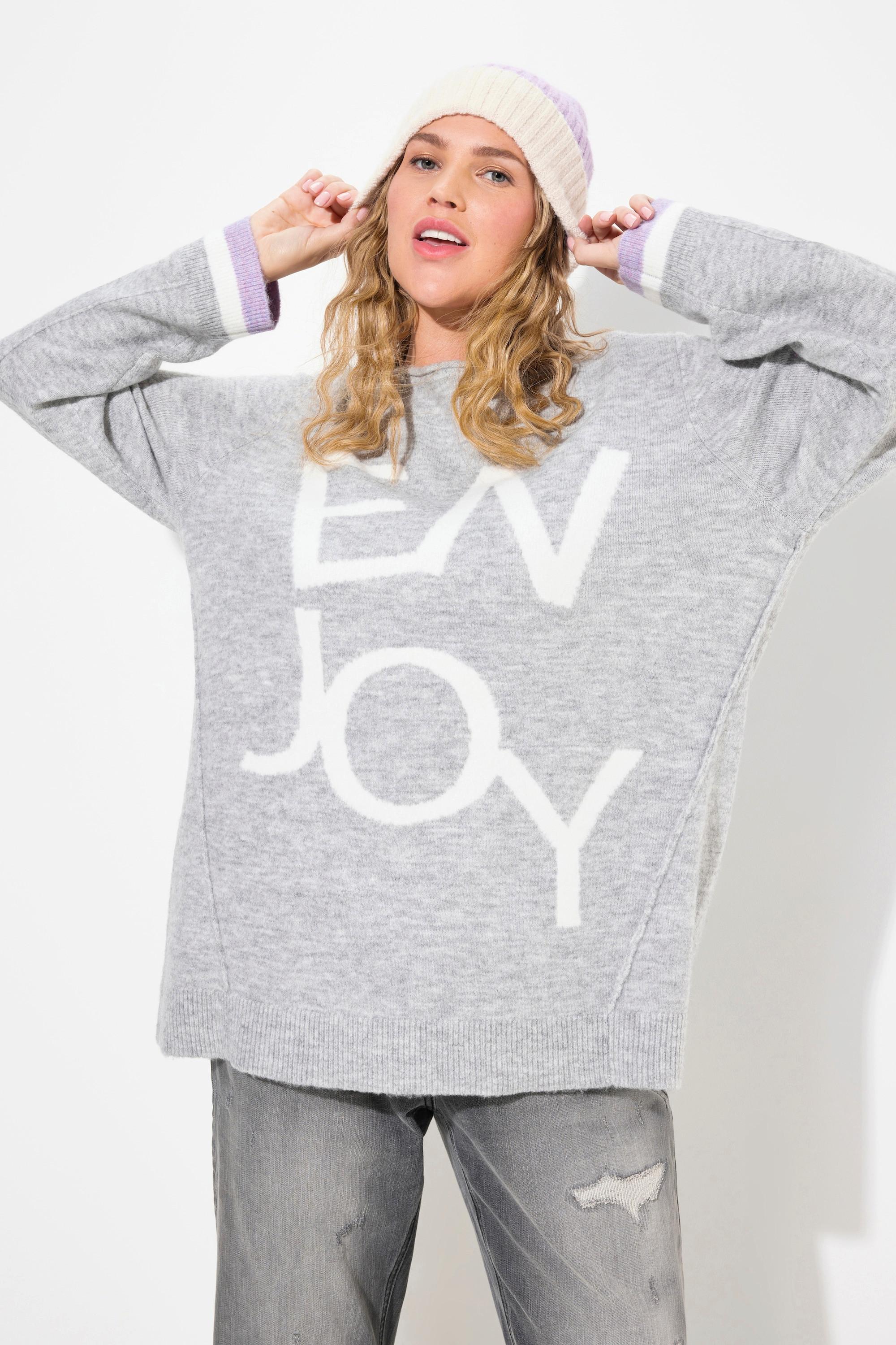 Ulla Popken  Maglione con Enjoy, scollo rotondo, orli arrotolati e maniche lunghe 