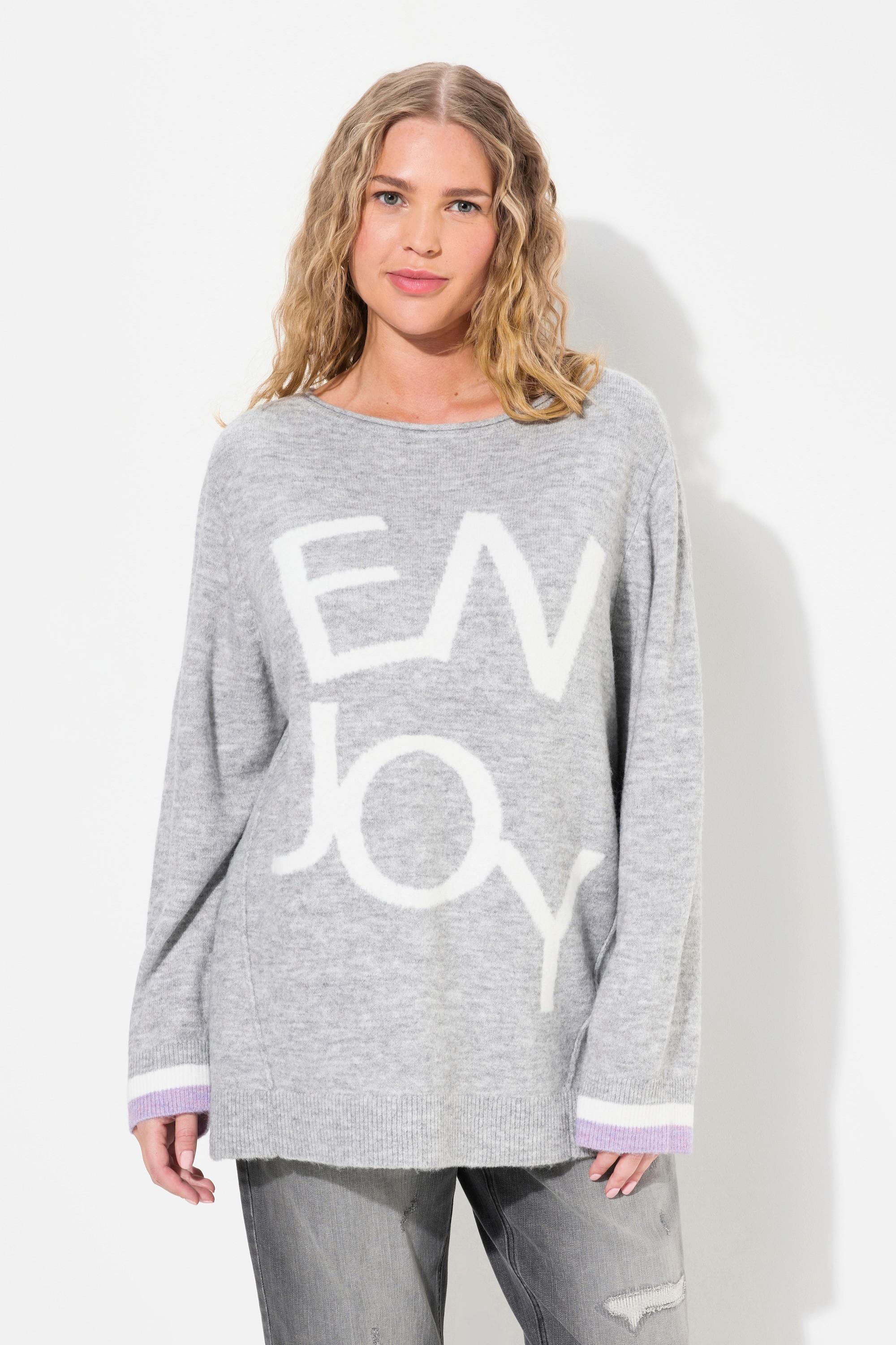 Ulla Popken  Maglione con Enjoy, scollo rotondo, orli arrotolati e maniche lunghe 