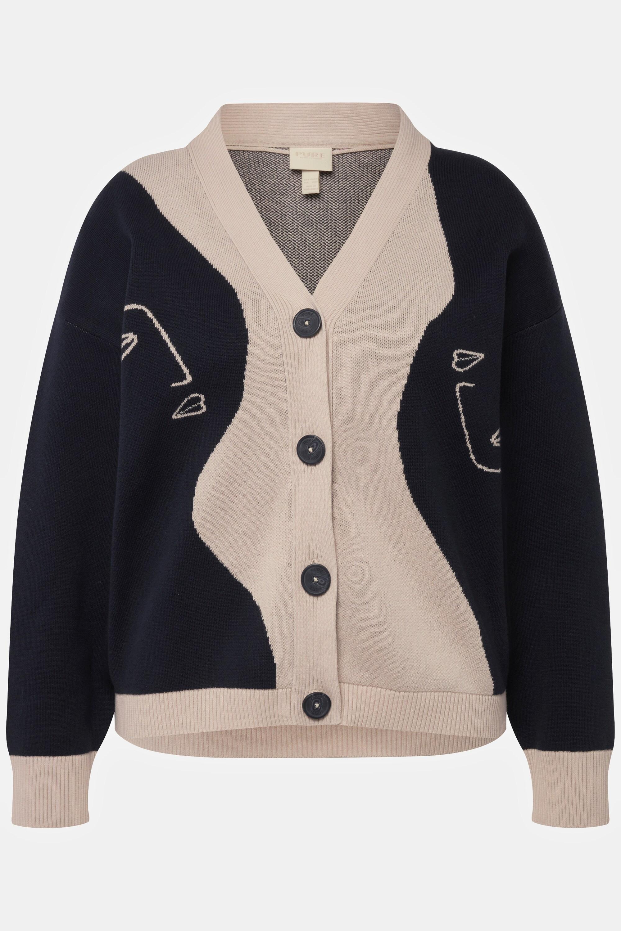 Ulla Popken  Cardigan in cotone biologico con profili di donne, taglio squadrato e scollo a V 