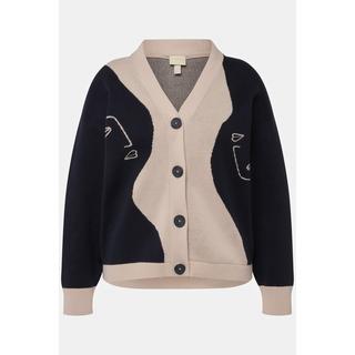 Ulla Popken  Cardigan in cotone biologico con profili di donne, taglio squadrato e scollo a V 