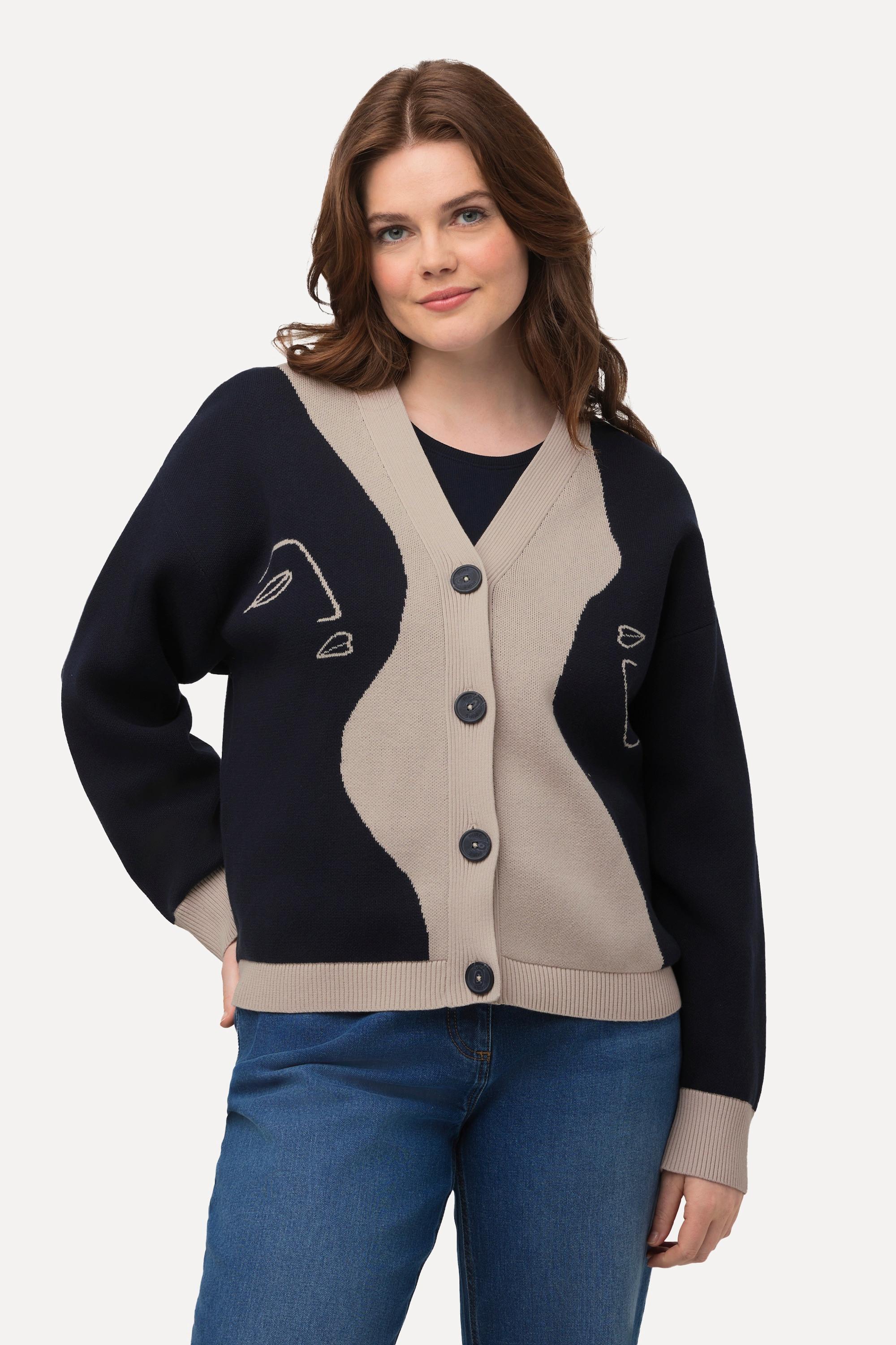 Ulla Popken  Cardigan in cotone biologico con profili di donne, taglio squadrato e scollo a V 