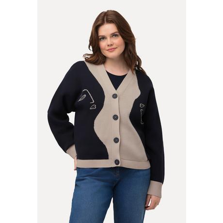 Ulla Popken  Cardigan in cotone biologico con profili di donne, taglio squadrato e scollo a V 