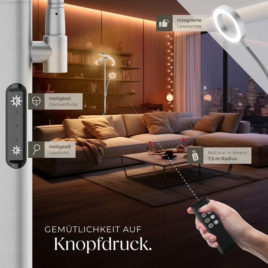 Tectake  Deckenfluter Auralis LED, 20 W, inklusive Leselicht 7 W dimmbar, variable Farbtemperatur 