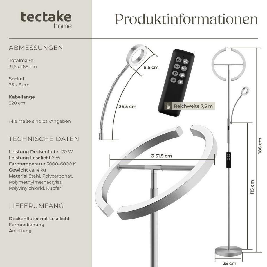Tectake  Deckenfluter Auralis LED, 20 W, inklusive Leselicht 7 W dimmbar, variable Farbtemperatur 