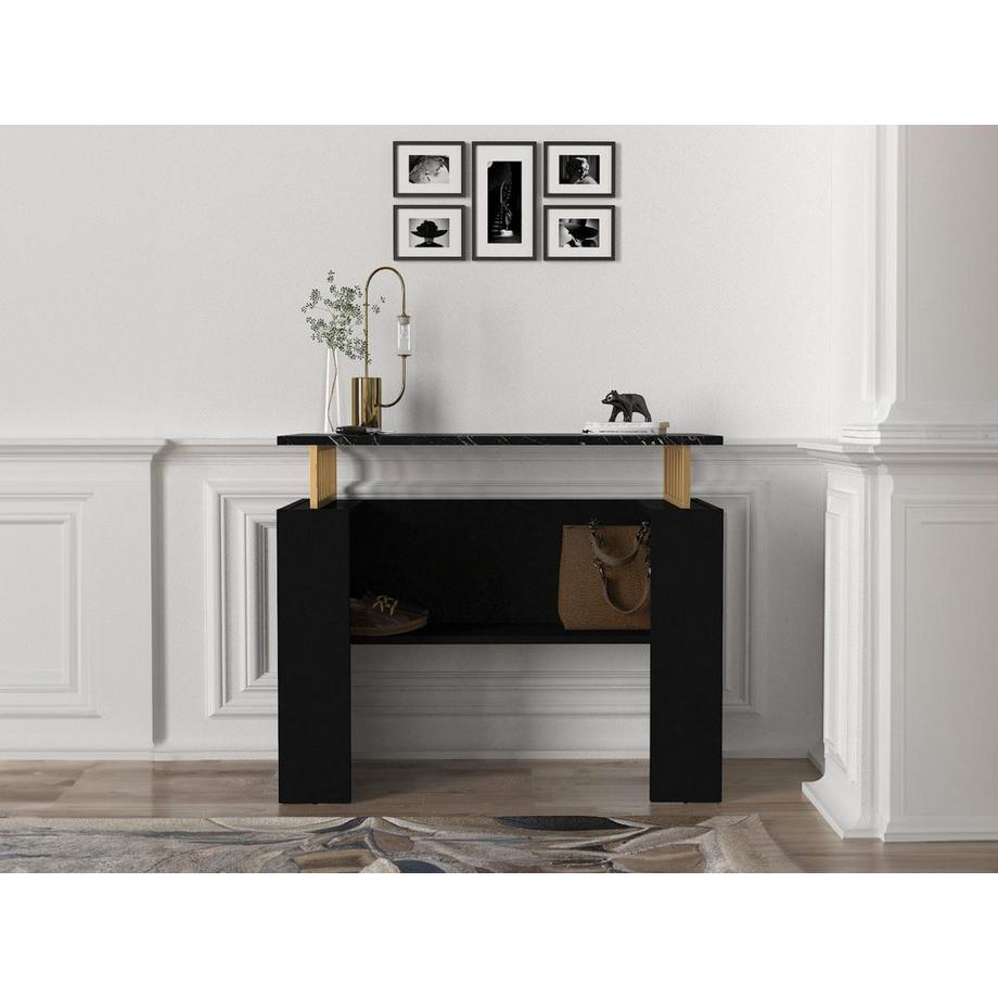 Vente-unique  Console avec 1 étagère - Effet marbre noir et Doré - LIRIONA 