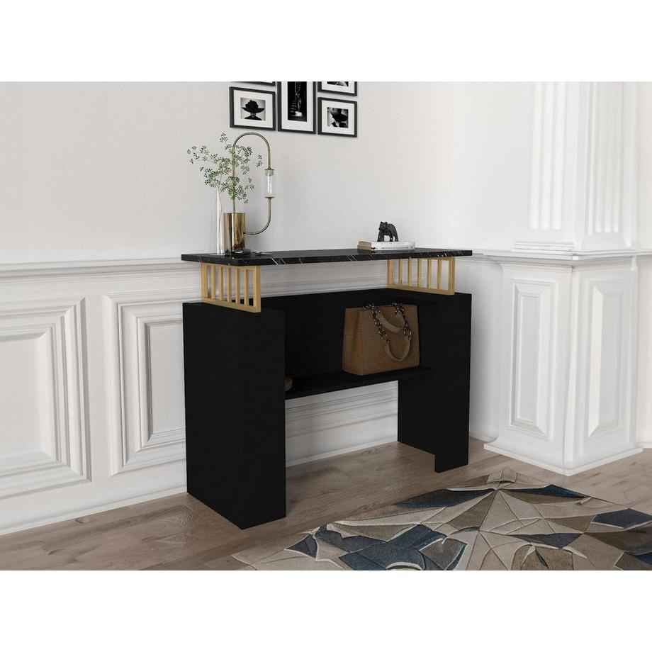 Vente-unique  Console avec 1 étagère - Effet marbre noir et Doré - LIRIONA 