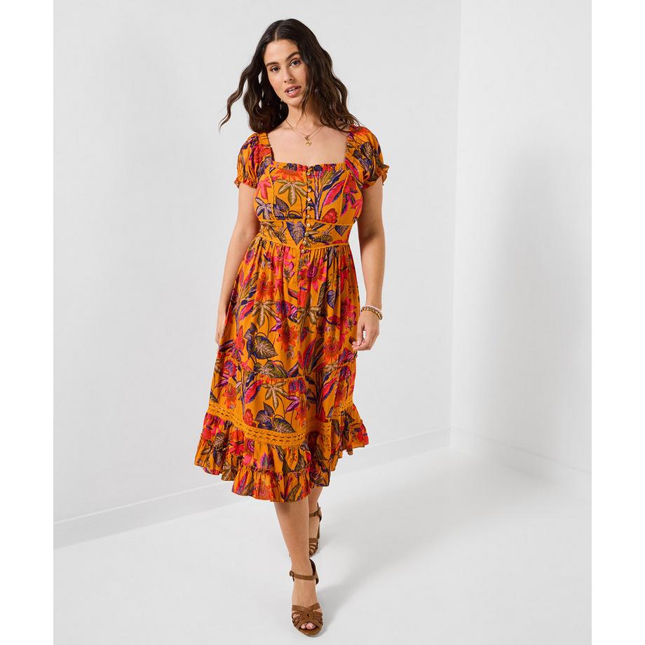 Knielanges Kleid mit herzförmigem Ausschnitt und Tropenmuster