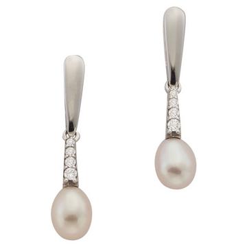 Clous d'oreilles or blanc 750 perle d'eau douce diamant 0,07ct. 23x5mm