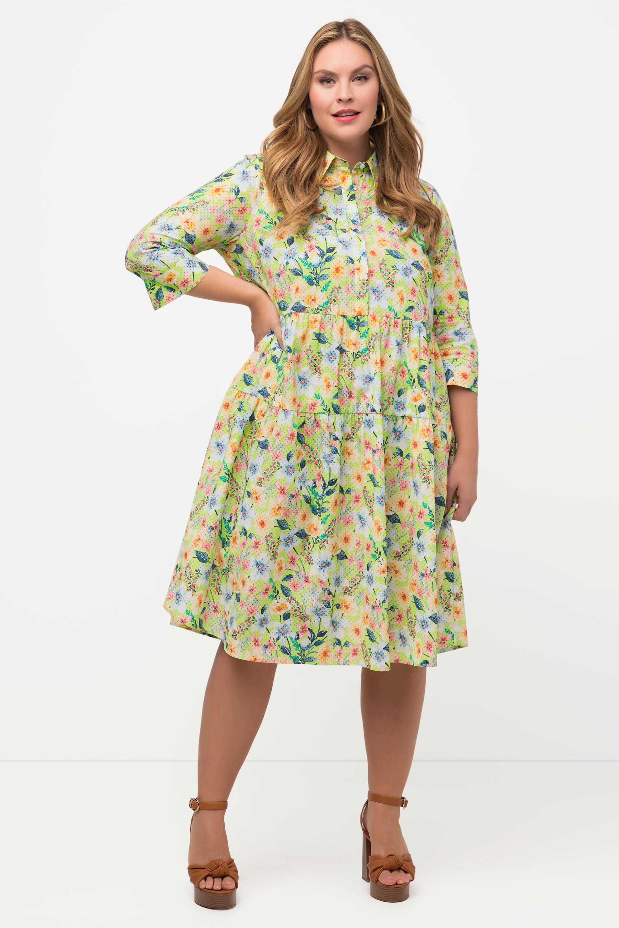 Ulla Popken Abito Chemisier Fiori Linea A Maniche 3/4  