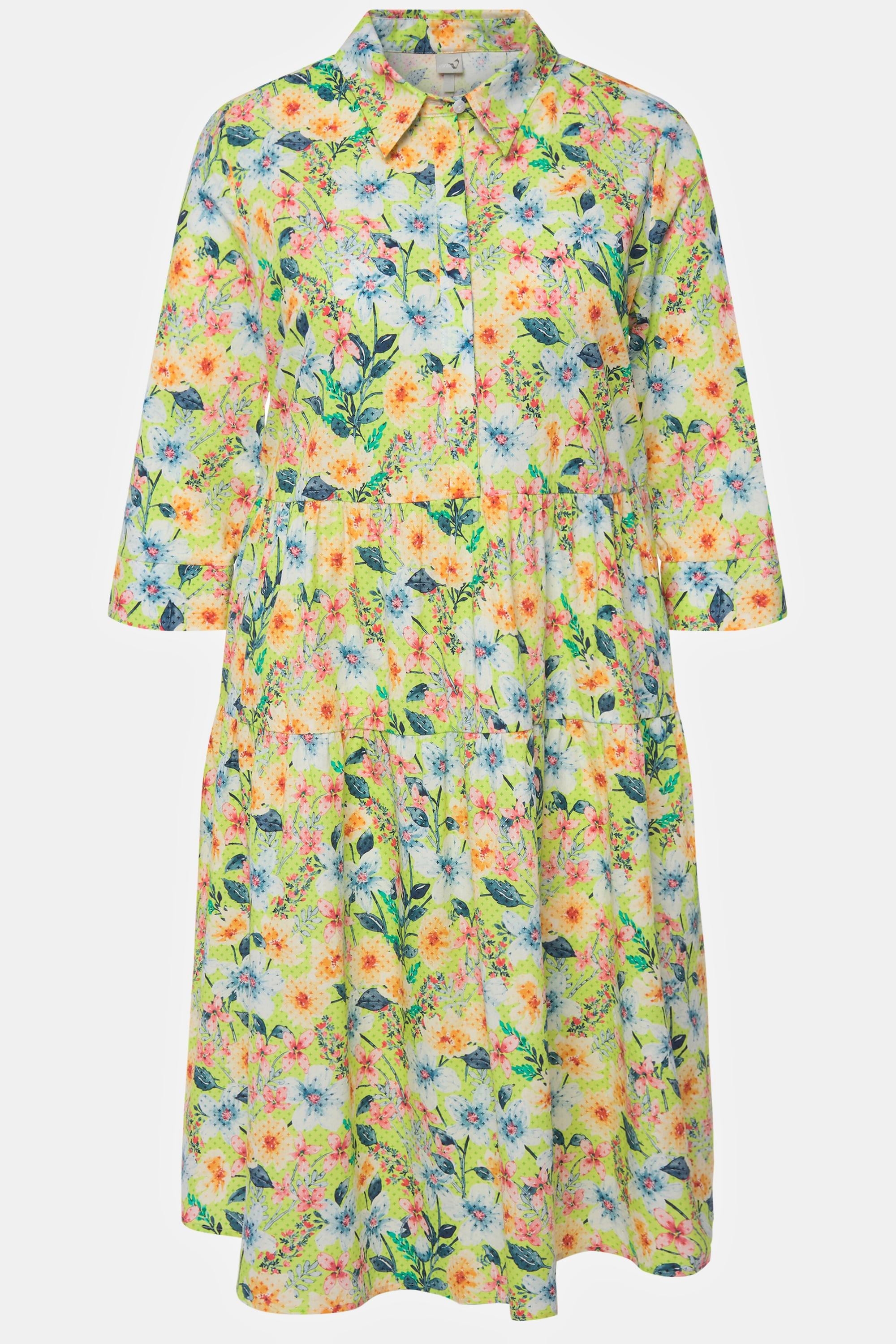 Ulla Popken  Robe chemisier, fleurs ligne en A, col chemise, manches 3/4 