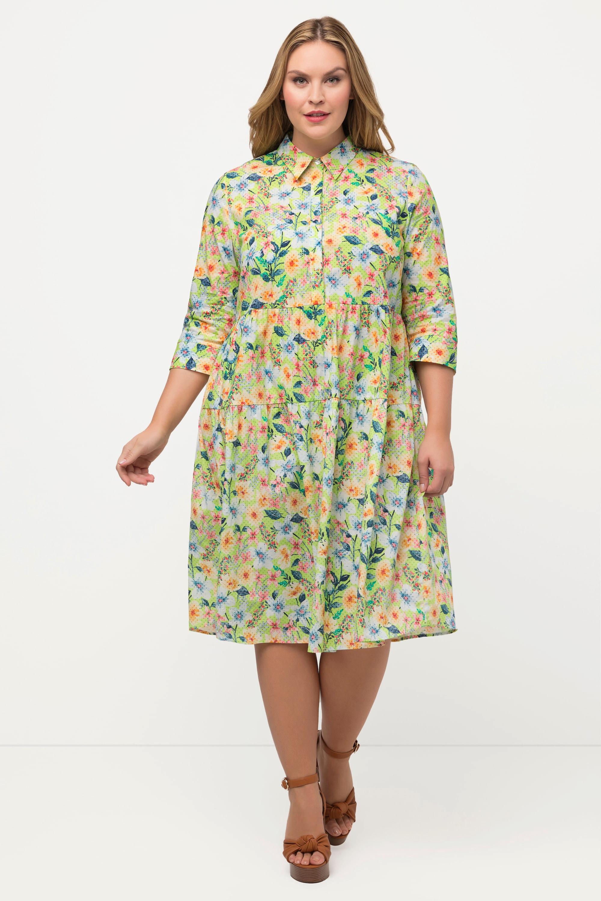 Ulla Popken Abito Chemisier Fiori Linea A Maniche 3/4  