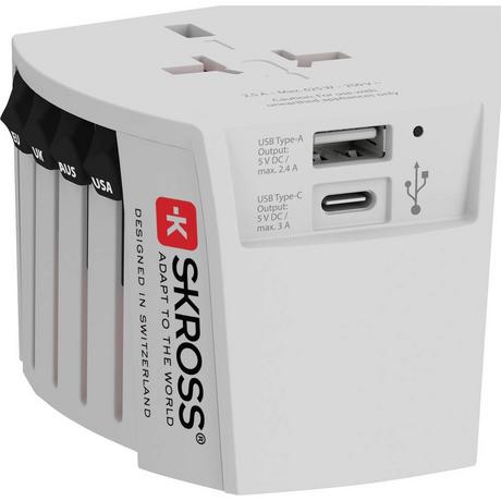 SKROSS  2-Pol Weltreiseadapter mit 1 x USB und 1 x USB C Anschluss 