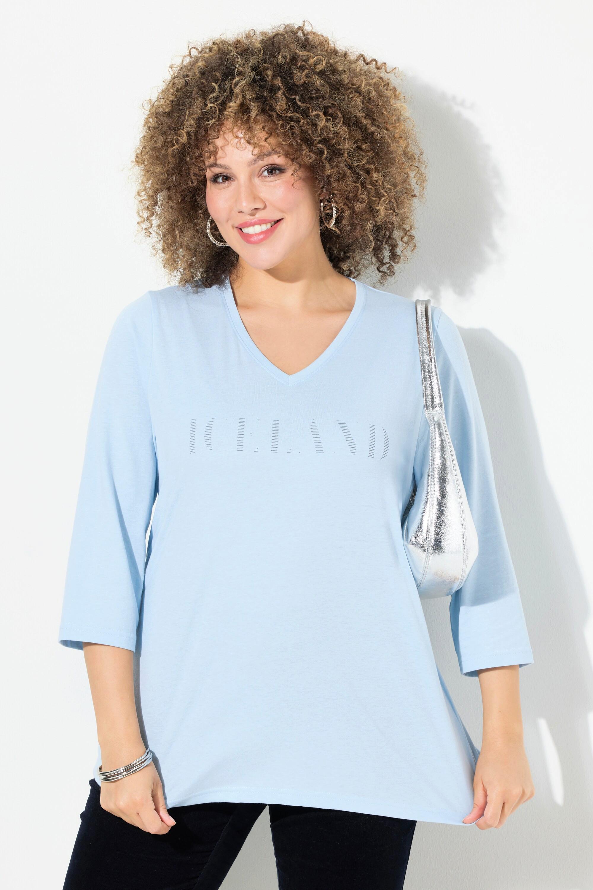 Ulla Popken  T-shirt imprimé. Coupe Classic Fit. Col en V et manches 3/4. 