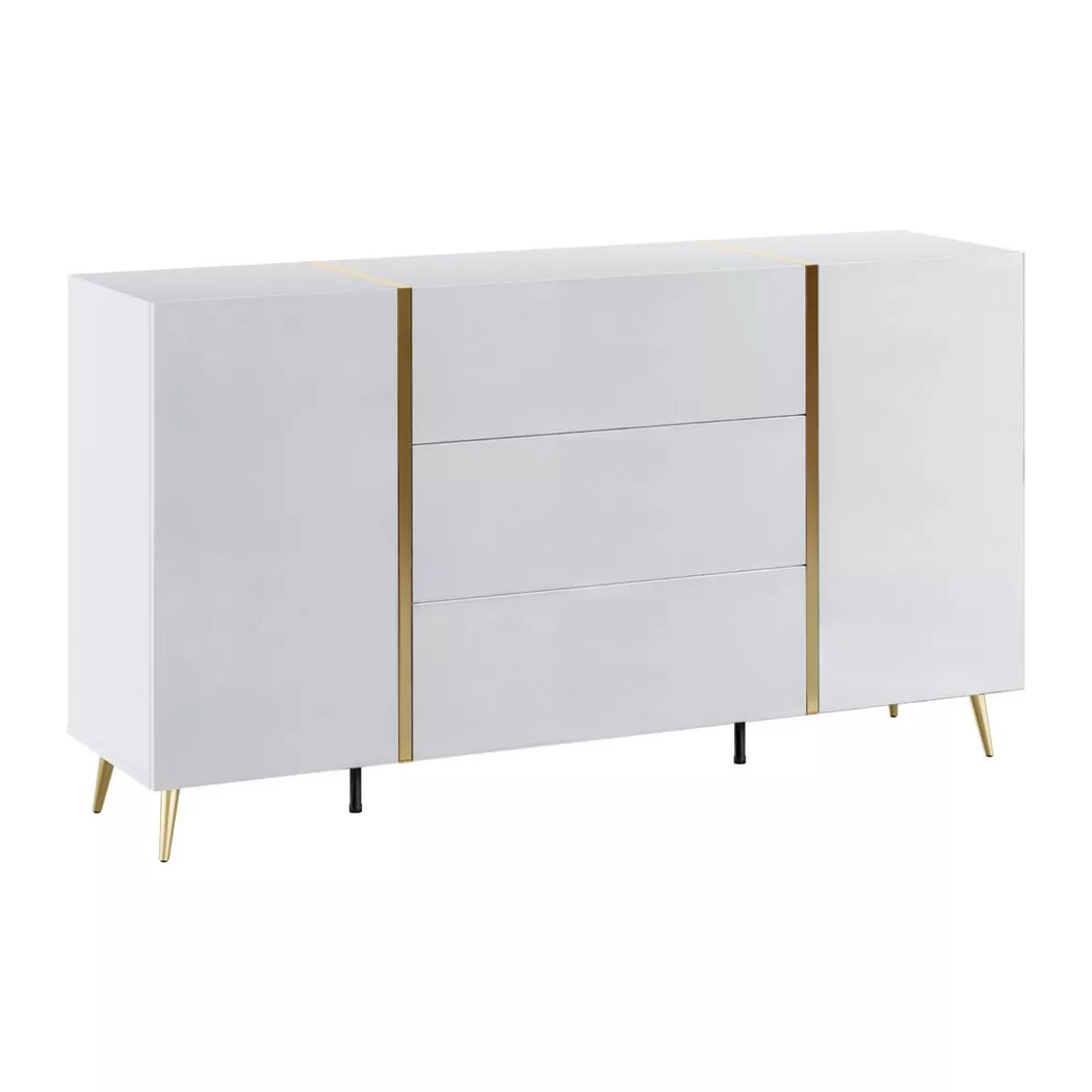 Vente-unique - Buffet avec 2 portes et 3 tiroirs - Blanc brillant et Doré - marzialo