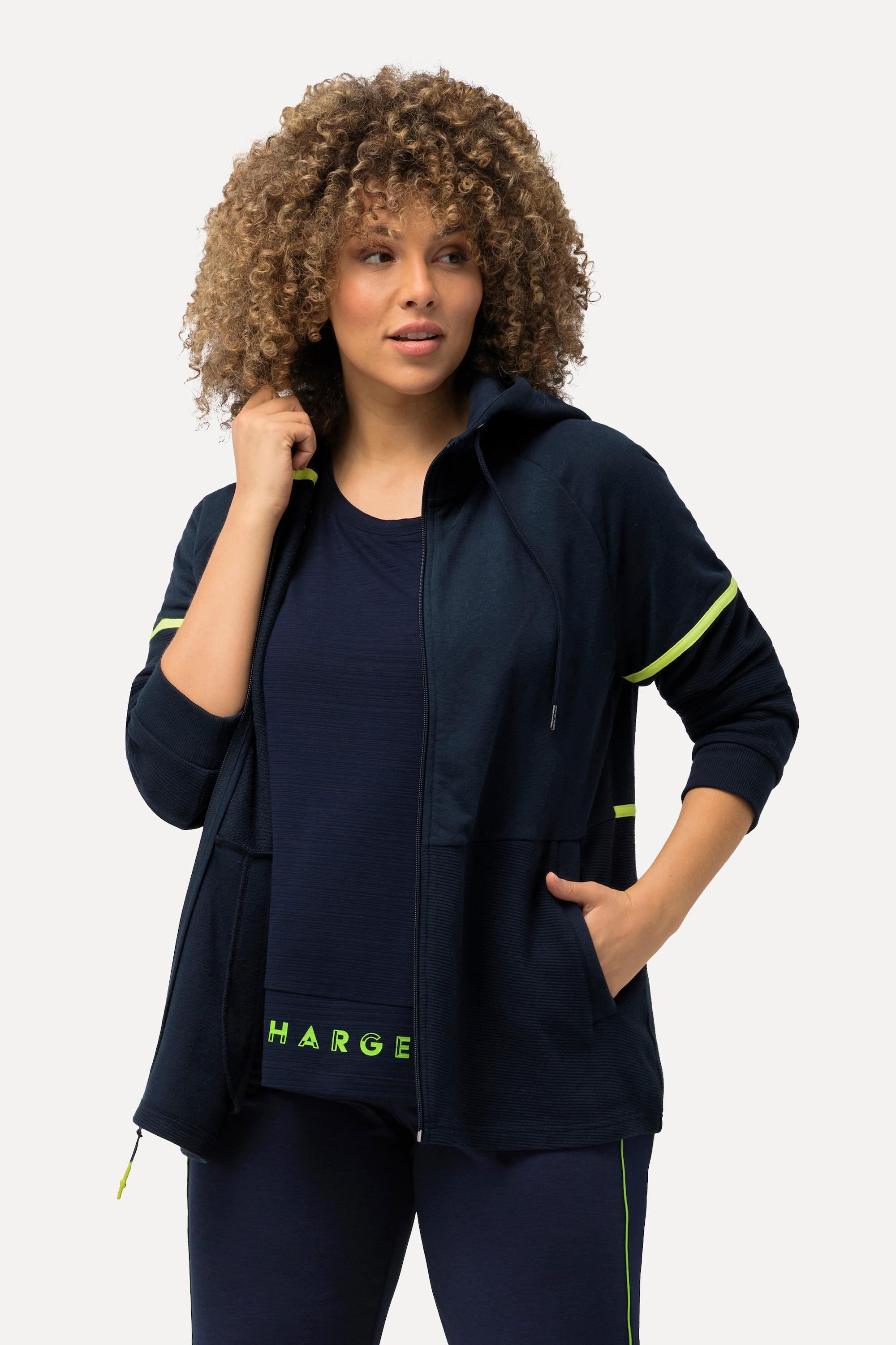 Ulla Popken  Hoodie-Jacke, Materialmix, Querrippen, Kapuze 