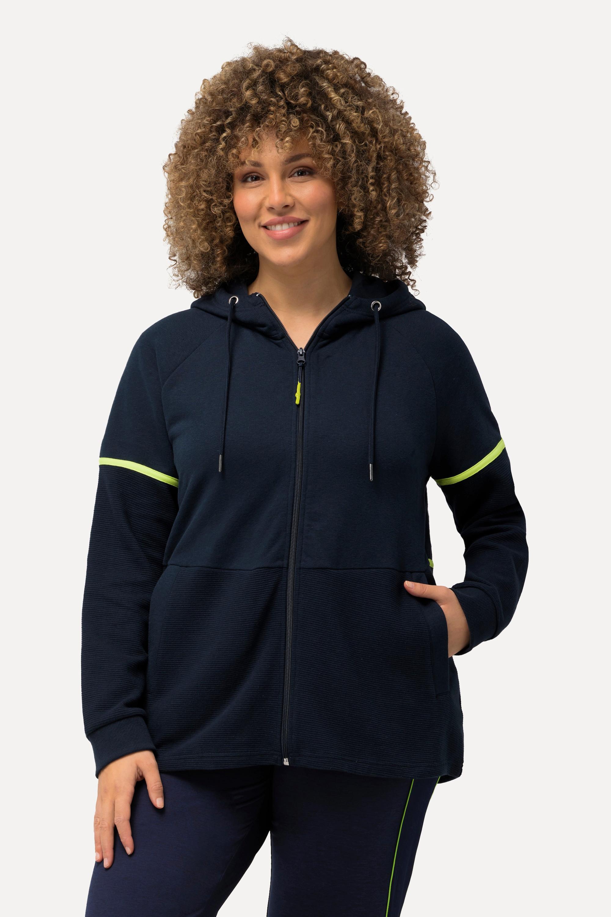 Ulla Popken  Hoodie-Jacke, Materialmix, Querrippen, Kapuze 