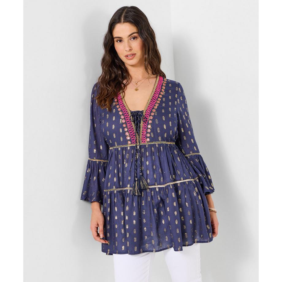Robe tunique col V à lacets et perles