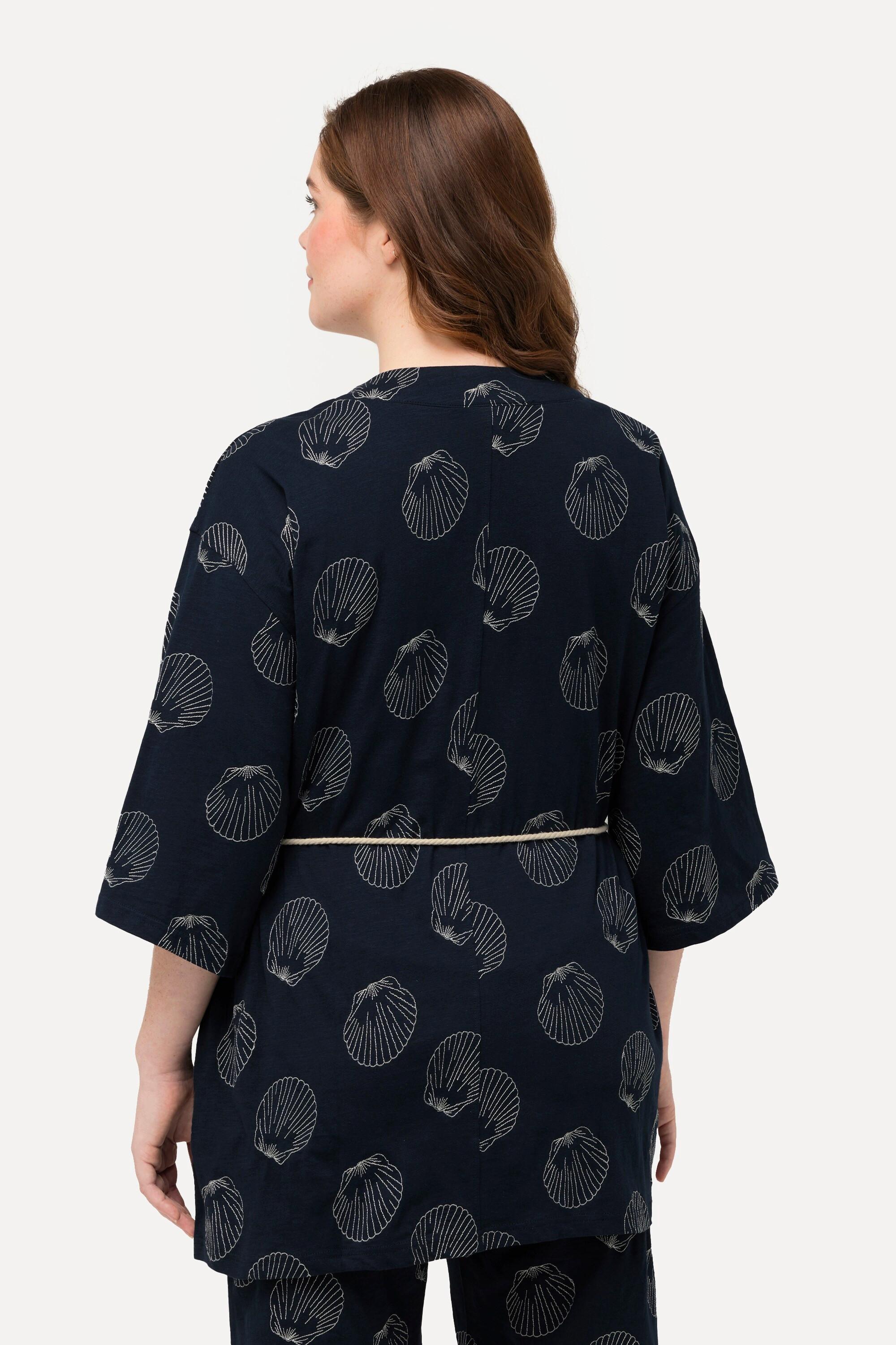 Ulla Popken  Kimono in cotone biologico con ricami, scollo a V e maniche a 3/4 