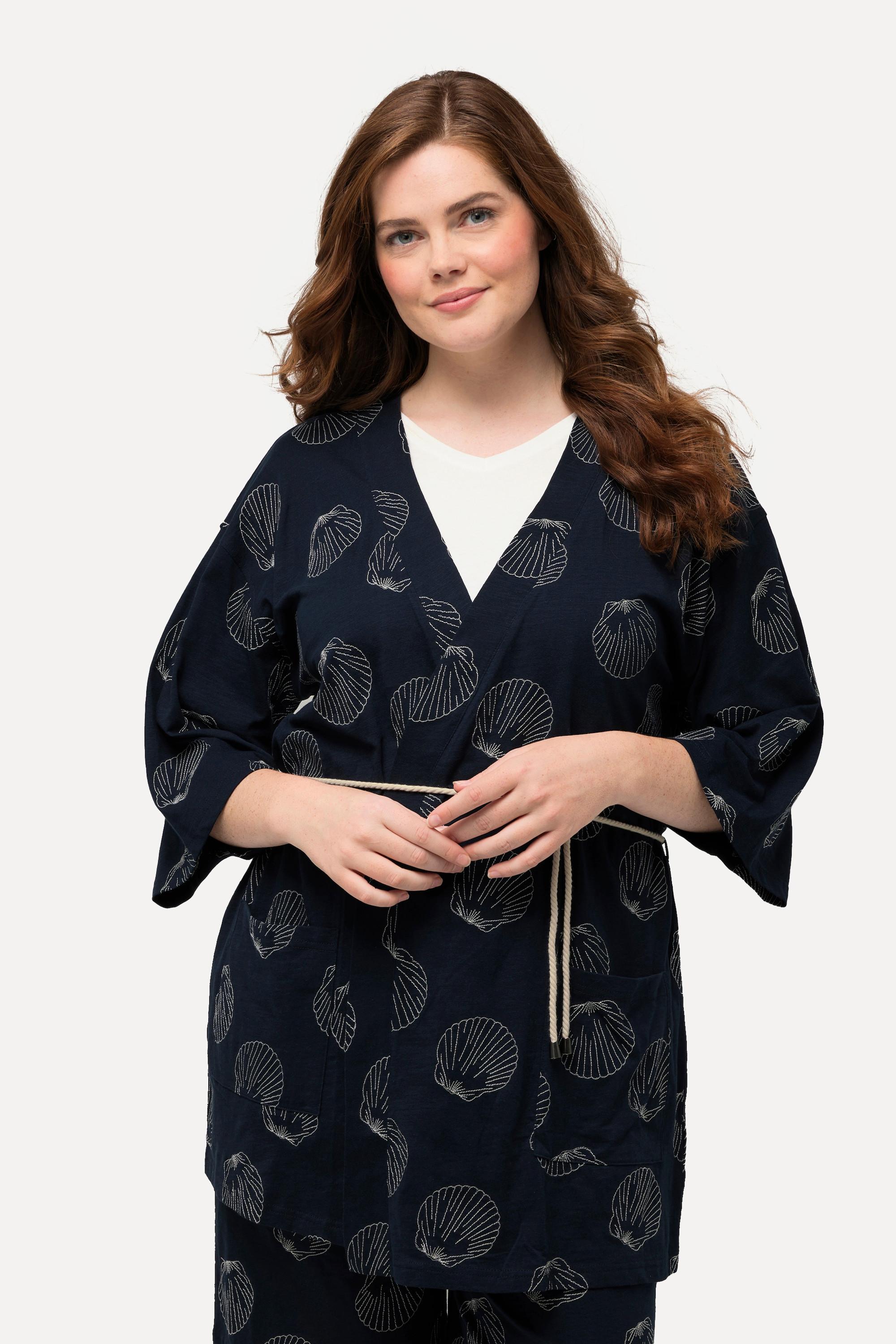 Ulla Popken  Kimono in cotone biologico con ricami, scollo a V e maniche a 3/4 