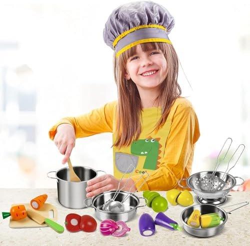 Activity-board  Accessoires de cuisine pour enfants, jeu de nourriture en bois, ensemble de cuisine en acier inoxydable, jouet pour enfants 