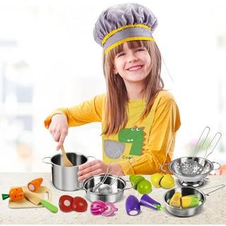 Activity-board  Accessoires de cuisine pour enfants, jeu de nourriture en bois, ensemble de cuisine en acier inoxydable, jouet pour enfants 