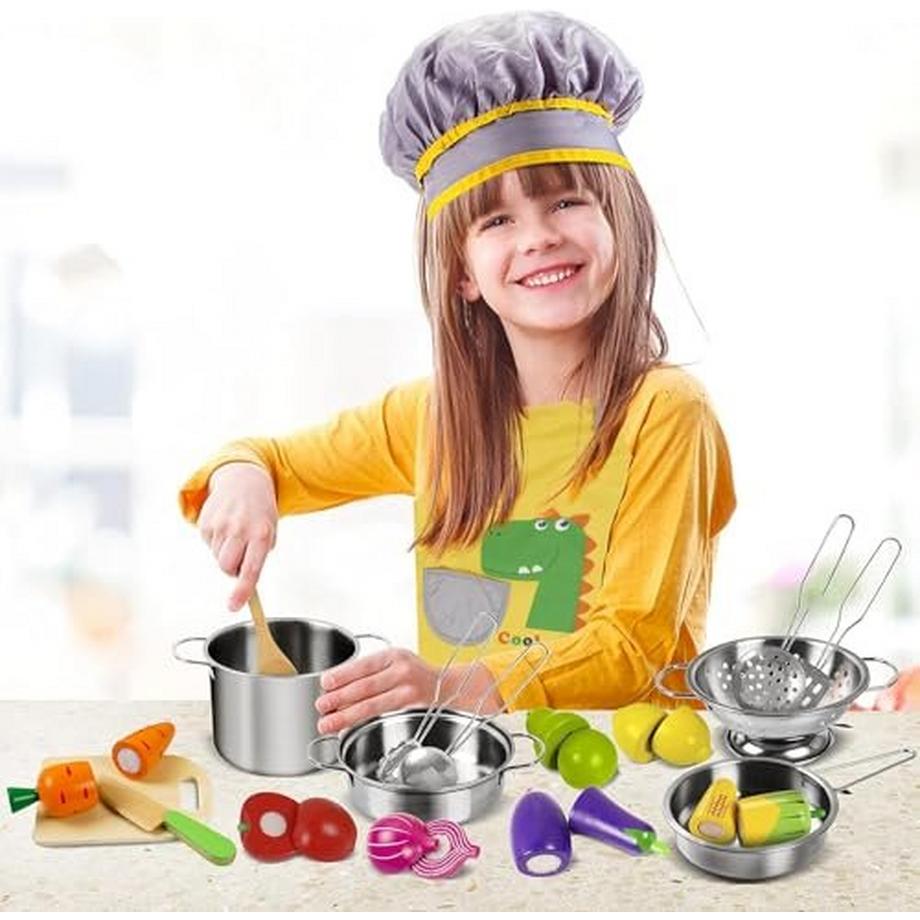 Activity-board  Kinderküche Zubehör Holz Lebensmittel Spielküche Edelstahl Kochset Kinderspielzeug 