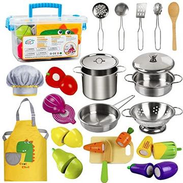 Accessoires de cuisine pour enfants, jeu de nourriture en bois, ensemble de cuisine en acier inoxydable, jouet pour enfants