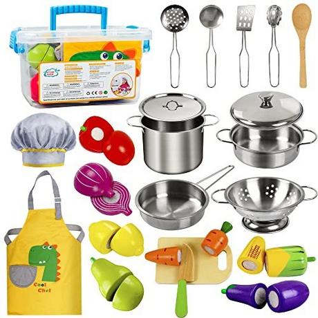 Activity-board  Accessoires de cuisine pour enfants, jeu de nourriture en bois, ensemble de cuisine en acier inoxydable, jouet pour enfants 
