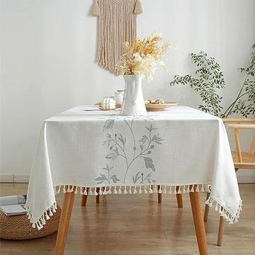 Nappe Rectangulaire en Coton Linable Lavable Antifouling Design Tassel pour Cuisine, Salle à manger, Pique-nique, Extérieur, Jardin