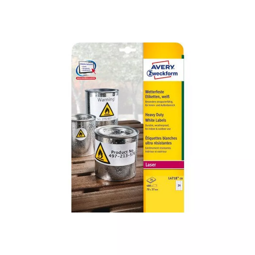 Avery-Zweckform – AVERY ZWECKFORM Etiketten Laser 70x37mm, wetterfest 20 Blatt, One Size, Weiss