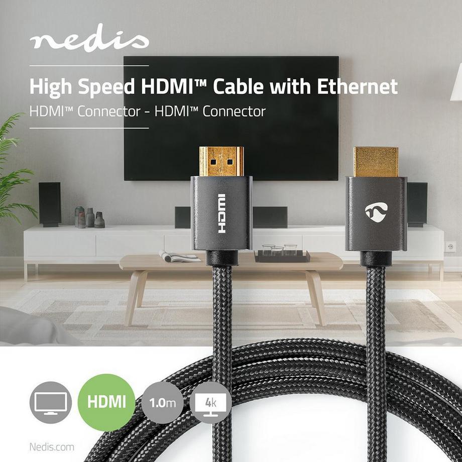 Nedis  Cavo HDMI™ ad alta velocità con Ethernet | Connettore HDMI™ | Connettore HDMI™ | 4K@60Hz | ARC | 18 Gbps | 1,00 m | Rotondo | Cotone | Grigio / Grigio con metallo | Scatola con finestra coperta 