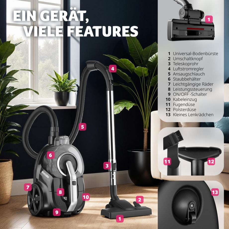 Tectake Aspirapolvere VC900 900 W, senza sacchetto  