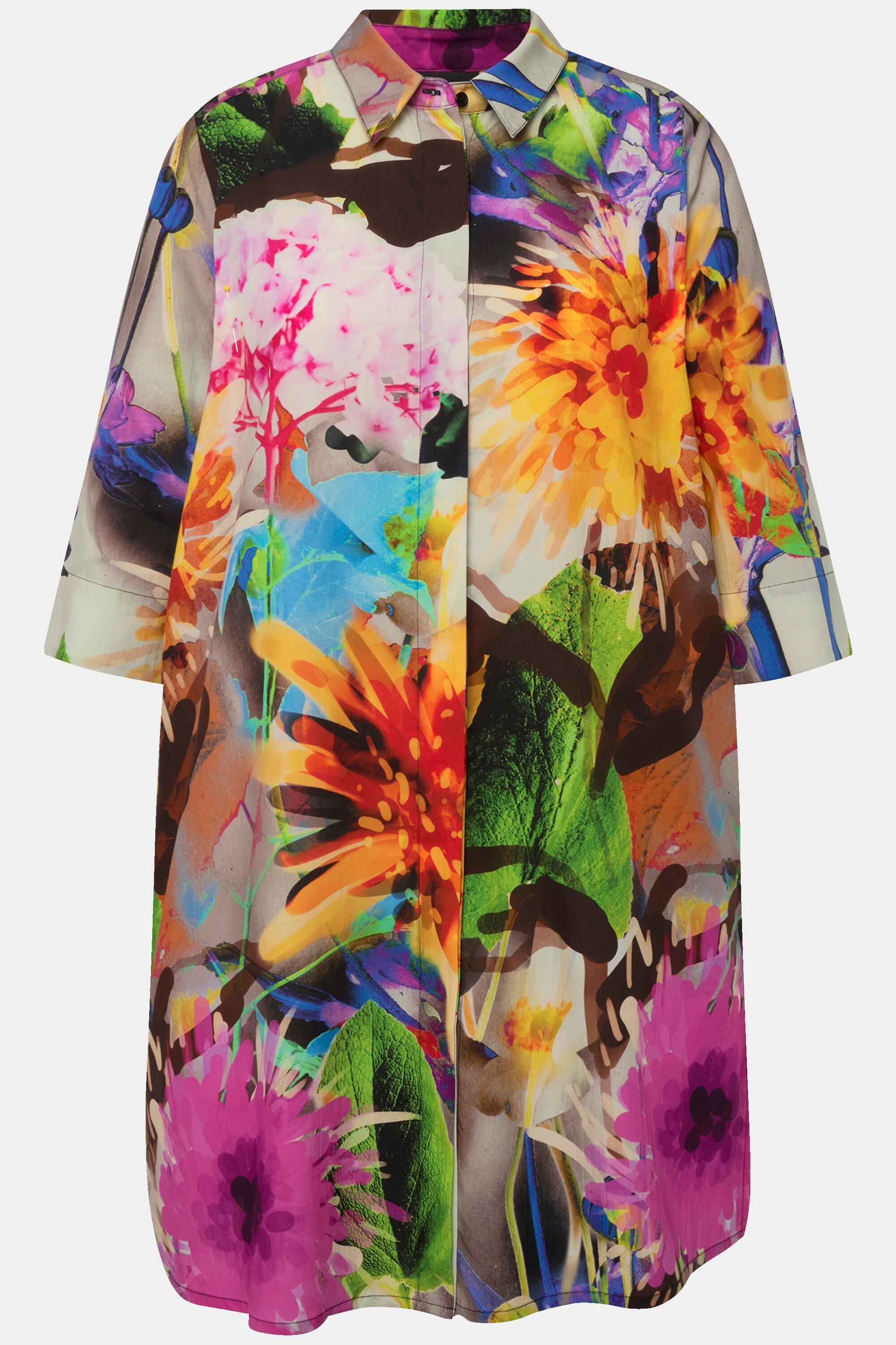 Ulla Popken  Lyocell-Longbluse, Blüten, Hemdkragen, 3/4-Arm 