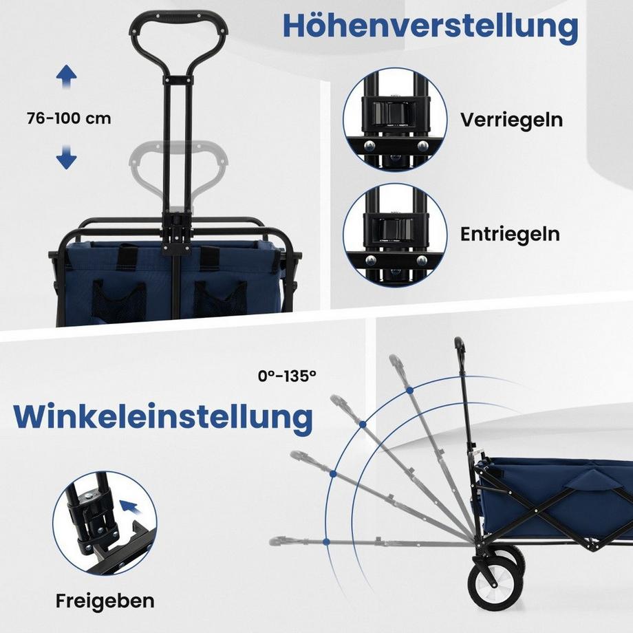 Northio Faltbarer Bollerwagen mit Verstellbarem Griff & Getränkehaltern bis 68 kg Belastbar für Einkaufen Camping Marineblau  