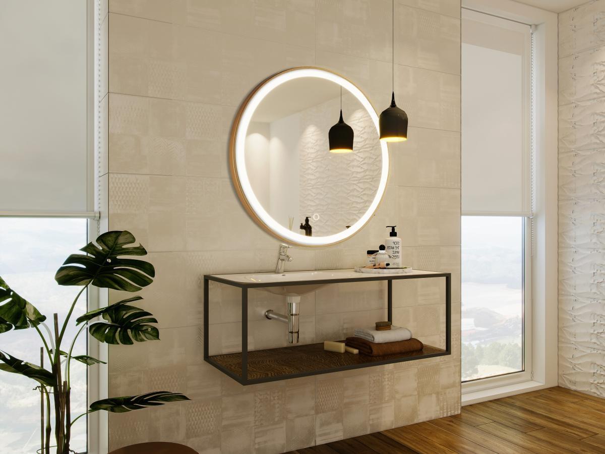 Vente-unique Miroir de salle de bain lumineux rond doré avec Leds - D80 cm - NUMEA  