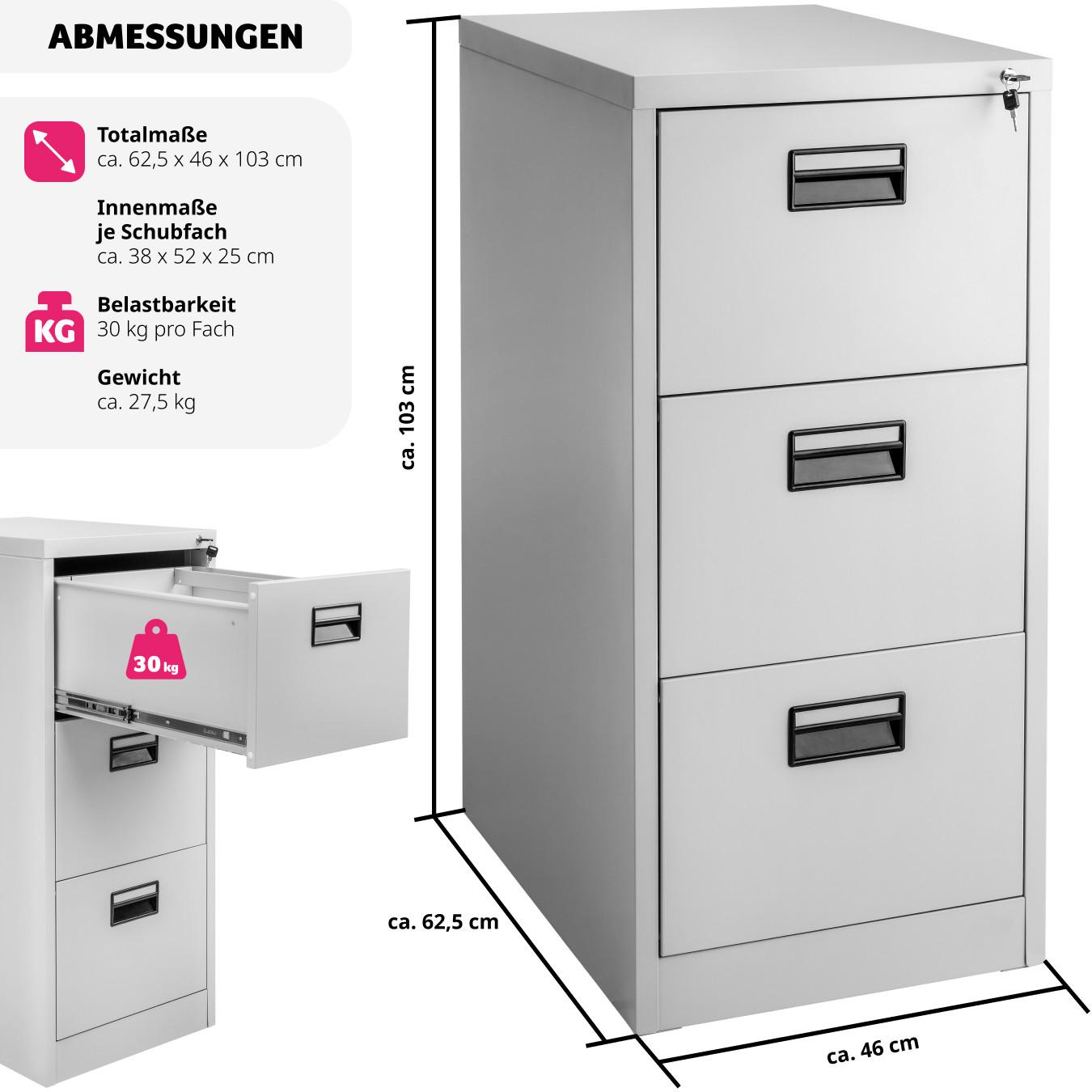 Tectake Aktenschrank mit 3 Schubladen 62,4x46x102,8cm abschliessbar  