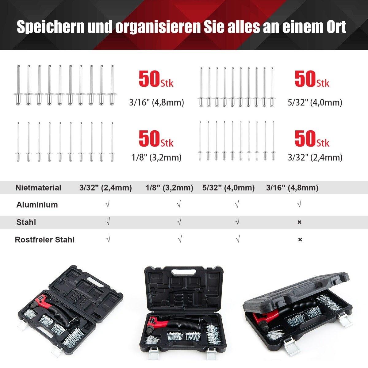 Northix Riveteuse manuelle Pistolet à rivets manuel robuste avec 200 rivets Kit d'outils de rivetage avec mallette de transport  