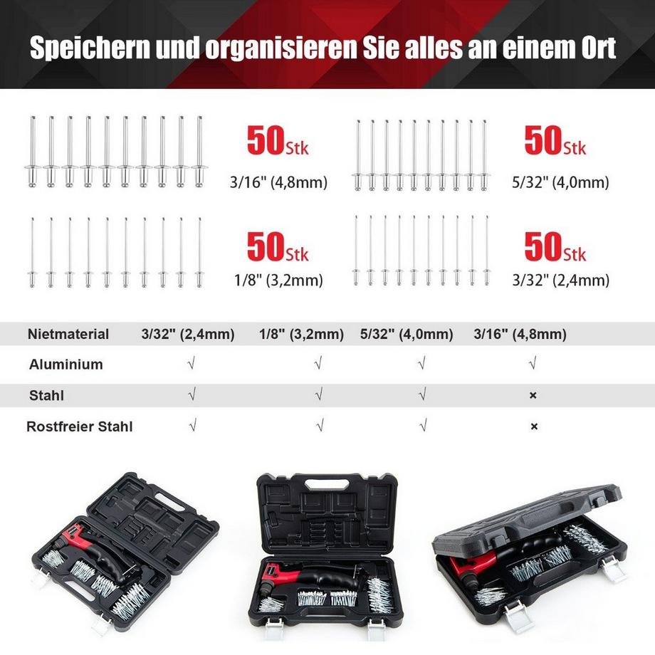 Northix Handnietzange Schwere Manuelle Nietpistole mit 200 Nieten Nietwerkzeugkit mit Tragetasche  