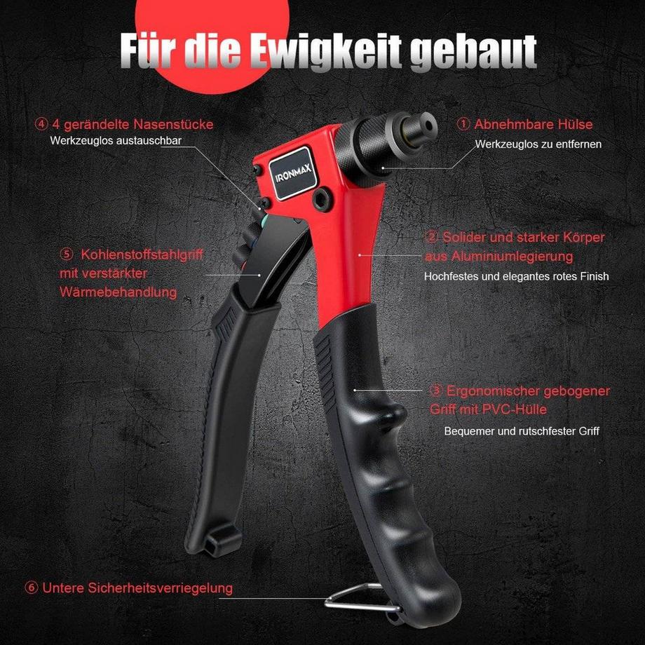 Northix Handnietzange Schwere Manuelle Nietpistole mit 200 Nieten Nietwerkzeugkit mit Tragetasche  